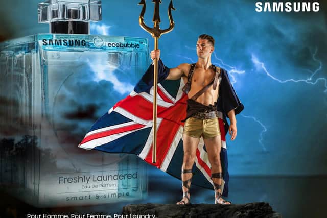 Max Whitlock stars in a new washing machine campaign from Samsung that gently mocks traditional perfume ads (C) Taylor Herring
