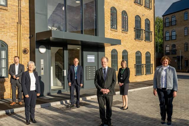 L to R Mark Doyle (Jarvis CEO), Sally Marshall (Chief Executive DBC), David Barrett (Housing Development Group Manager DBC), cllr Andrew Williams (Leader of the Council), Jo Deacon (Housing Development Team Leader DBC), Cllr Margaret Griffiths