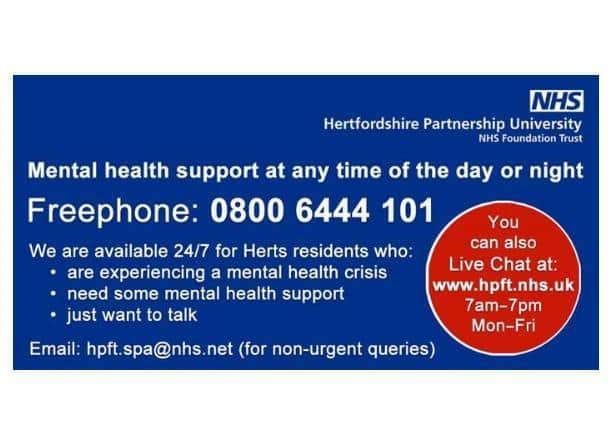 Herts Partnership NHS Foundation Trust reminds residents mental health support is still available
