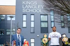 Kings Langley School headteacher Mr Fisher and Anthony Joshua