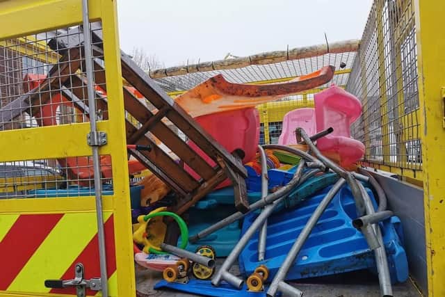 The residents say the councils removed the toys from the communal play area outside the flats