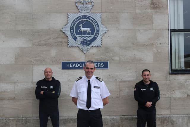 Hertfordshire Constabulary Chief Constable Charlie Hall with PC Darren Clawson and PC Arron Worbey
