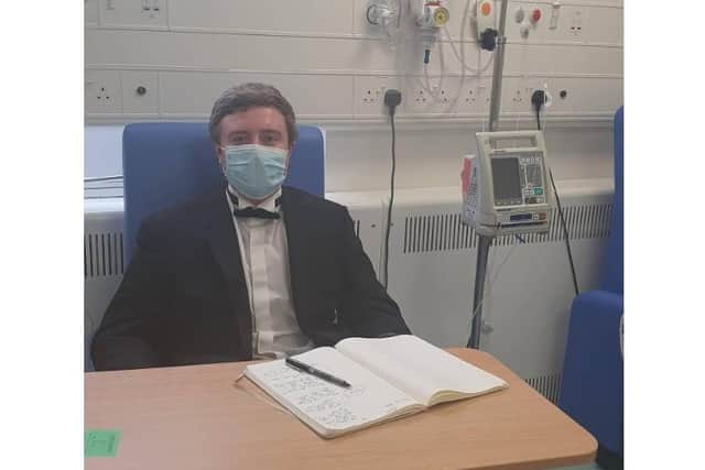 Jake wore a tuxedo to his hospital appointment