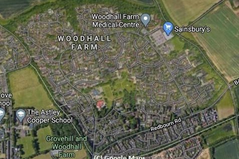 1,486 people have been vaccinated in Woodhall Farm. This represents 32% of people aged 16 and over in the area. (C) Google Maps