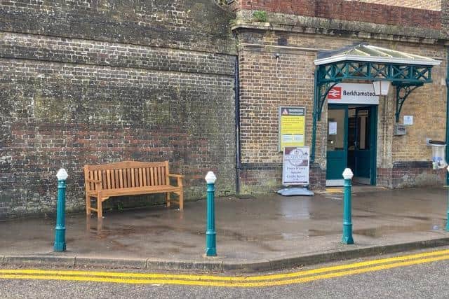 The bench is outside Berkhamsted train station