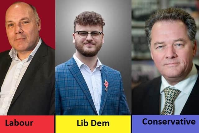 Philip Ross (Labour), Sam North (Liberal Democrats) and David Lloyd (Conservatives)