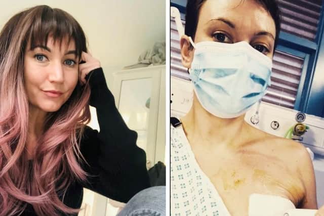Jenny at home and right, in hospital following her mastectomy operation