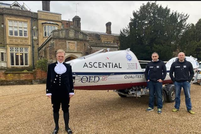 High Sheriff of Hertfordshire Henry Holland-Hibbert outside Munden House, Watford, with Arron Worbey and Darren Clawson