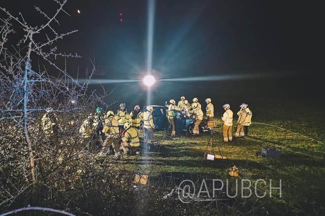 A vehicle overturned and went down an embankment. Photo by Hertfordshire Fire and Rescue