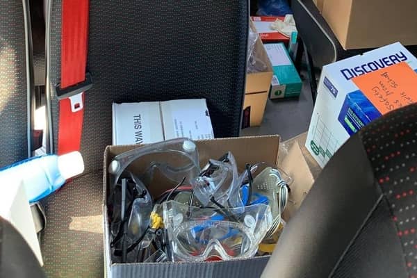 Photo of supplies loaded into Rickmansworth School minibus