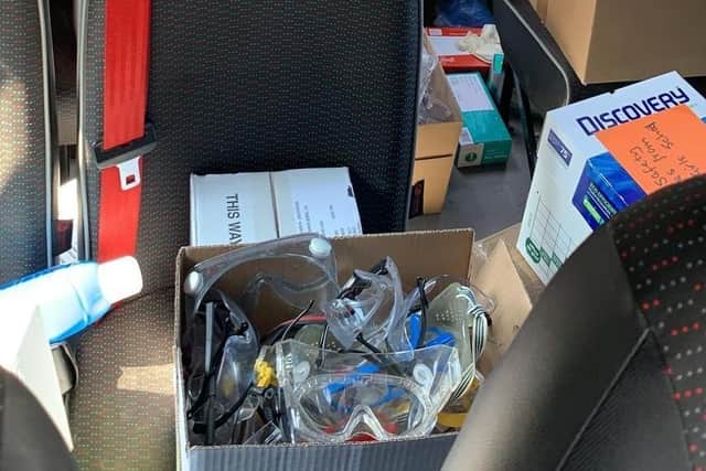 Photo of supplies loaded into Rickmansworth School minibus