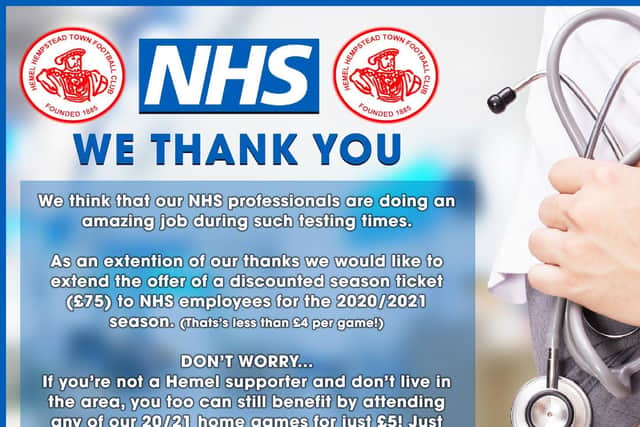 Hemel Hempstead FC offer season ticket deal for NHS workers