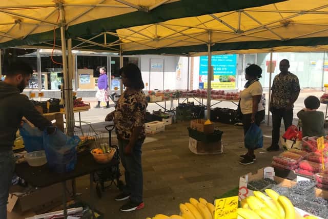 The fruit and veg stall at Hemel Hempstead market (C) Saunders Market