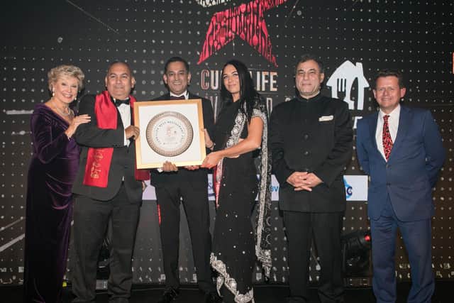 L-R: broadcaster Angela Ripon, Shorif Ali, Gagan Mohindra MP for South West Herts, Katie Ali from the Fat Buddha, CBI President Lord Karan Bilimoria CBE, and broadcaster Mike Bushell
