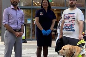 Shane Abbas Bhimani, clinical director; Priti Amrania, dispensing assistant and PR ambassador; Colin Perriera and his guide dog Sid