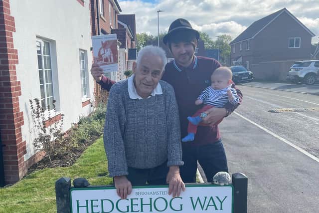 Bert, his grandson Ben, and his great grandson Freddie at Hedgehog Way