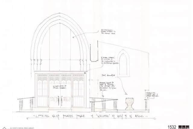 Section looking at Tower Screen through west end of Nave and North Aisle