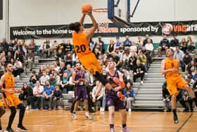 Shaquille Lewis goes for the basket in Hemel Storm’s National Cup success against Northants Titans. Picture by Joanne Charles