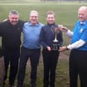 Doughty Cup Winners 2021 (from left)Tom Wood, Gerald Devilliers,  Steve MacCarthy and Thomas Ashton receive the cup from Little Hay Golf Club Captain Chris Miles