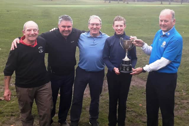 Doughty Cup Winners 2021 (from left)Tom Wood, Gerald Devilliers,  Steve MacCarthy and Thomas Ashton receive the cup from Little Hay Golf Club Captain Chris Miles