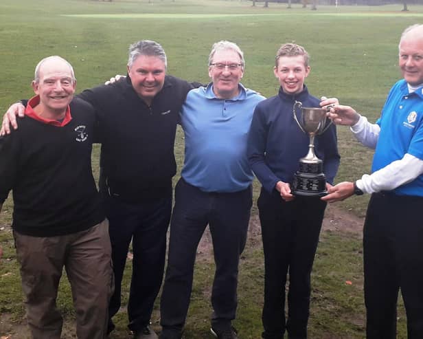 Doughty Cup Winners 2021 (from left)Tom Wood, Gerald Devilliers,  Steve MacCarthy and Thomas Ashton receive the cup from Little Hay Golf Club Captain Chris Miles