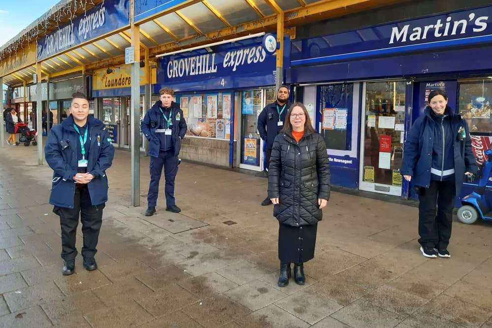 Cllr Julie Banks and enforcement officers at Grovehill shops