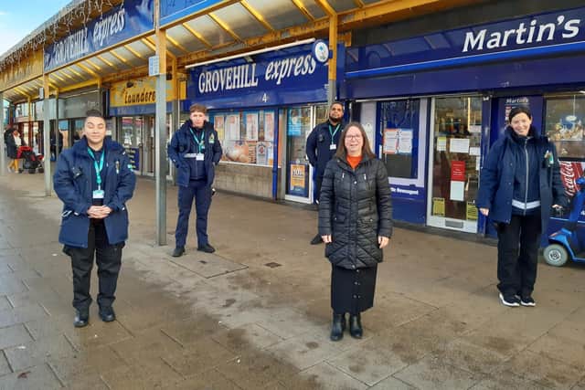 Cllr Julie Banks and enforcement officers at Grovehill shops