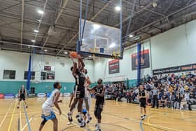 Greg Poleon goes for the basket during Hemel Storm’s convincing 133-61 victory over Oaklands Wolves. Picture by Leuis Charles