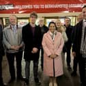 Priti Patel at Berkhamsted Leisure Centre with Gagan Mohindra MP (right), Dacorum Borough Council leader Andrew Williams (second left), Gary Moore (centre) and local Conservative supporters