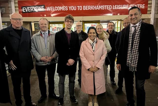 Priti Patel at Berkhamsted Leisure Centre with Gagan Mohindra MP (right), Dacorum Borough Council leader Andrew Williams (second left), Gary Moore (centre) and local Conservative supporters