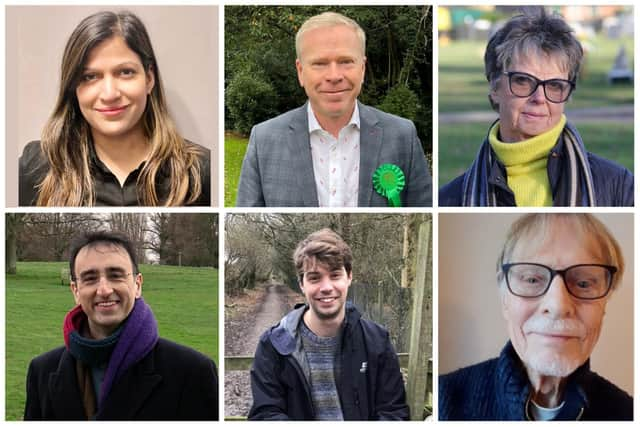 L to R top row: Simy Dhyani (Liberal Democrat), Kevin Fielding (Green Party), Anne Foster (Liberal Democrat).
L to R bottom row: Sherief Hassan (Green Party), Gary Moore (Conservatives), Peter Scott (Labour)