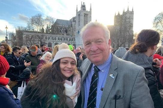 Sir Mike Penning MP with local BSL campaigner Zahra Khaira in Parliament Square last Friday
