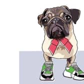 Pug in trainers illustration (C) Jane Barrett, Doodleshoe