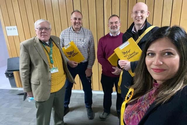 Simy Dhyani, Liberal Democrats, with her team after the win in Boxmoor (Image Liberal Democrats)