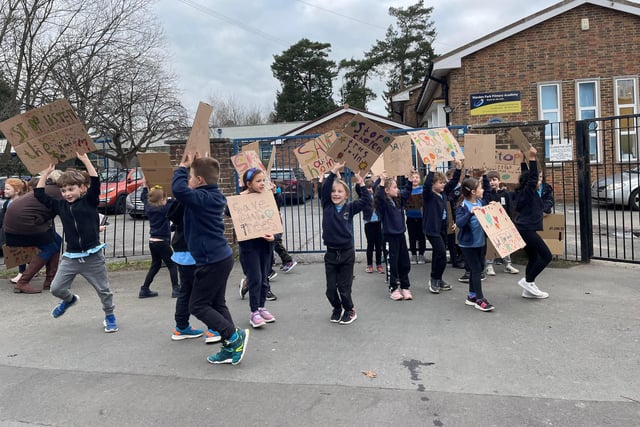Warden Park Primary Year 2 class climate change protest.