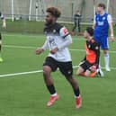 Cheyce Grant heads off to celebrate after he scored Berkhamsted’s first goal in the 2-1 win at Hertford Town. Picture by Robson O’Reardon