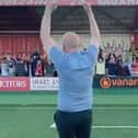 Hemel Hempstead Town boss Mark Jones celebrates in front of the fans at Vauxhall Road after the dramatic 4-3 win over Tonbridge Angels