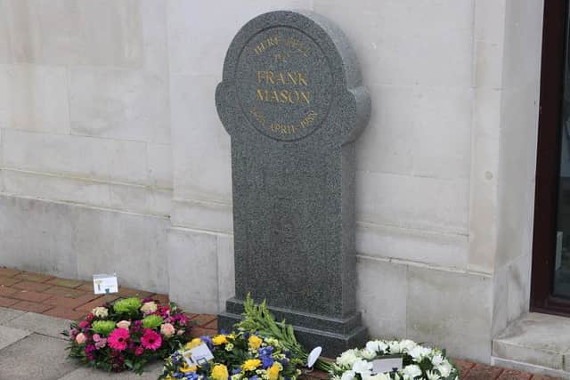 PC Mason’s memorial stone in Bank Court yesterday afternoon