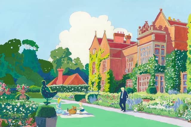 ‘Chequers Court’ – the painting bought by Boris Johnson showing the Prime Minister and his young family last spring in the gardens of his official country home
