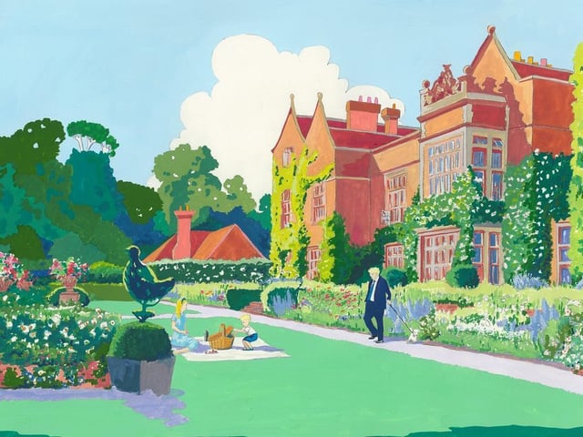 ‘Chequers Court’ – the painting bought by Boris Johnson showing the Prime Minister and his young family last spring in the gardens of his official country home