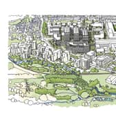 The Illustrative Masterplan will be submitted as part of the Outline Planning Application for information only. The illustration shows the wards organised into three finger blocks above a podium offering views to the Colne Valley.