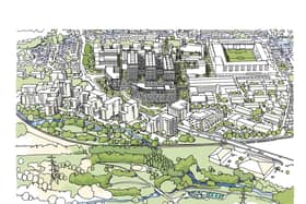 The Illustrative Masterplan will be submitted as part of the Outline Planning Application for information only. The illustration shows the wards organised into three finger blocks above a podium offering views to the Colne Valley.