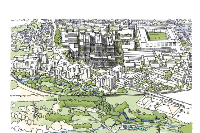 The Illustrative Masterplan will be submitted as part of the Outline Planning Application for information only. The illustration shows the wards organised into three finger blocks above a podium offering views to the Colne Valley.