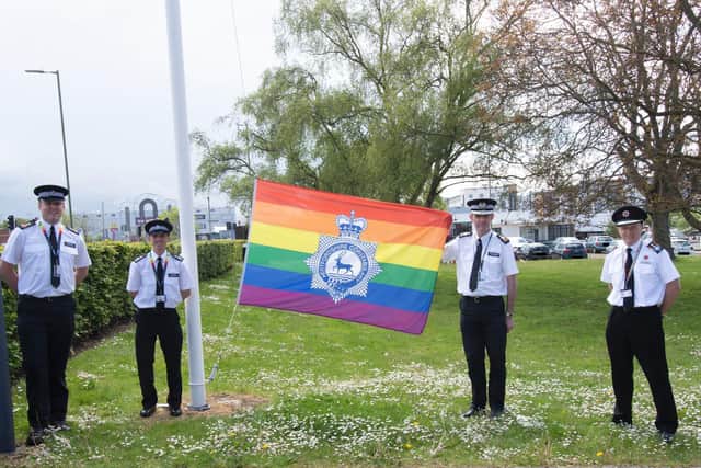 (L to R) Inspector Steve Alison (Chair of the Herts Police LGBT+ Network), Sergeant Gary Cranfield (Vice Chair of the Herts Police LGBT+ Network), Chief Constable Charlie Hall and Chief Fire Officer Darryl Keen.