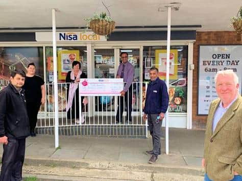 Nisa Local Crabtree Lane Store Manager Haresh Thesia, Jasmyn Saunders, Margaret Sharp, Kishor Patel, Pat Patel, Sir Mike Penning MP
