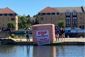 Campaigners floated a giant inflatable box in Aspley Marina, in Hemel Hempstead, today
