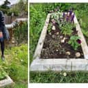 Lea next to the grave she adopted of two little girls, photo on the right is after she spent some time working on it
