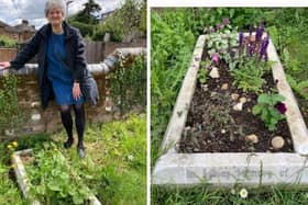 Lea next to the grave she adopted of two little girls, photo on the right is after she spent some time working on it