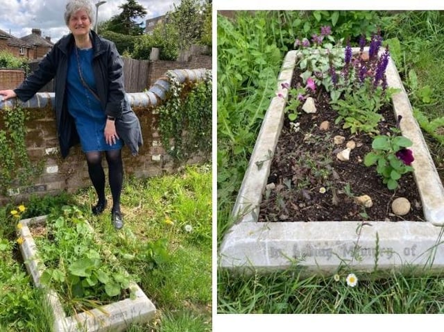 Lea next to the grave she adopted of two little girls, photo on the right is after she spent some time working on it
