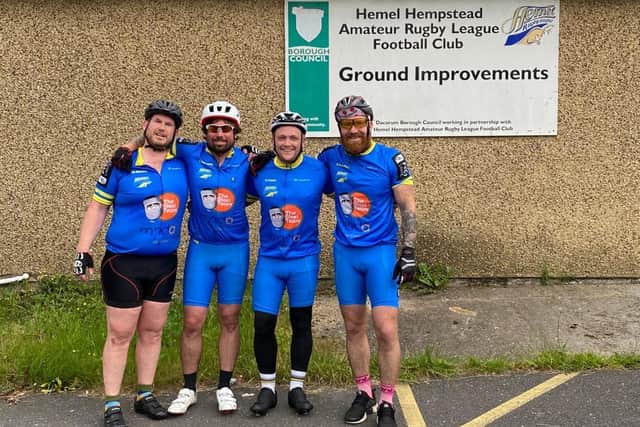 The group cycled 200 miles from Headingly stadium home of Leeds Rhinos rugby league team down to Hemel Stags rugby league ground